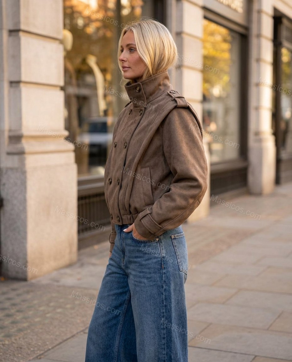 Brown Jacket, walking lifestyle view, by Massicos