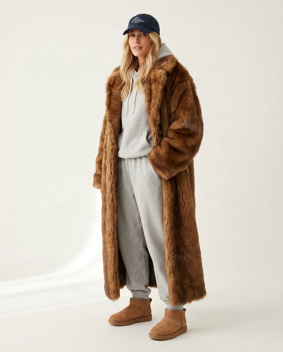 Brown Faux-Fur Coat, front studio view, by Massicos