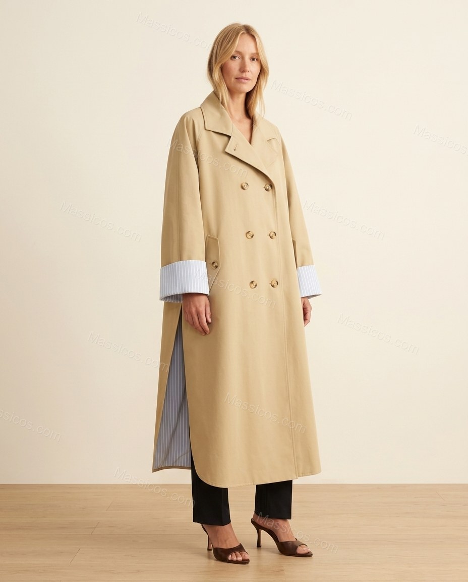 Beige Striped Coat, full-length hero view, by Massicos