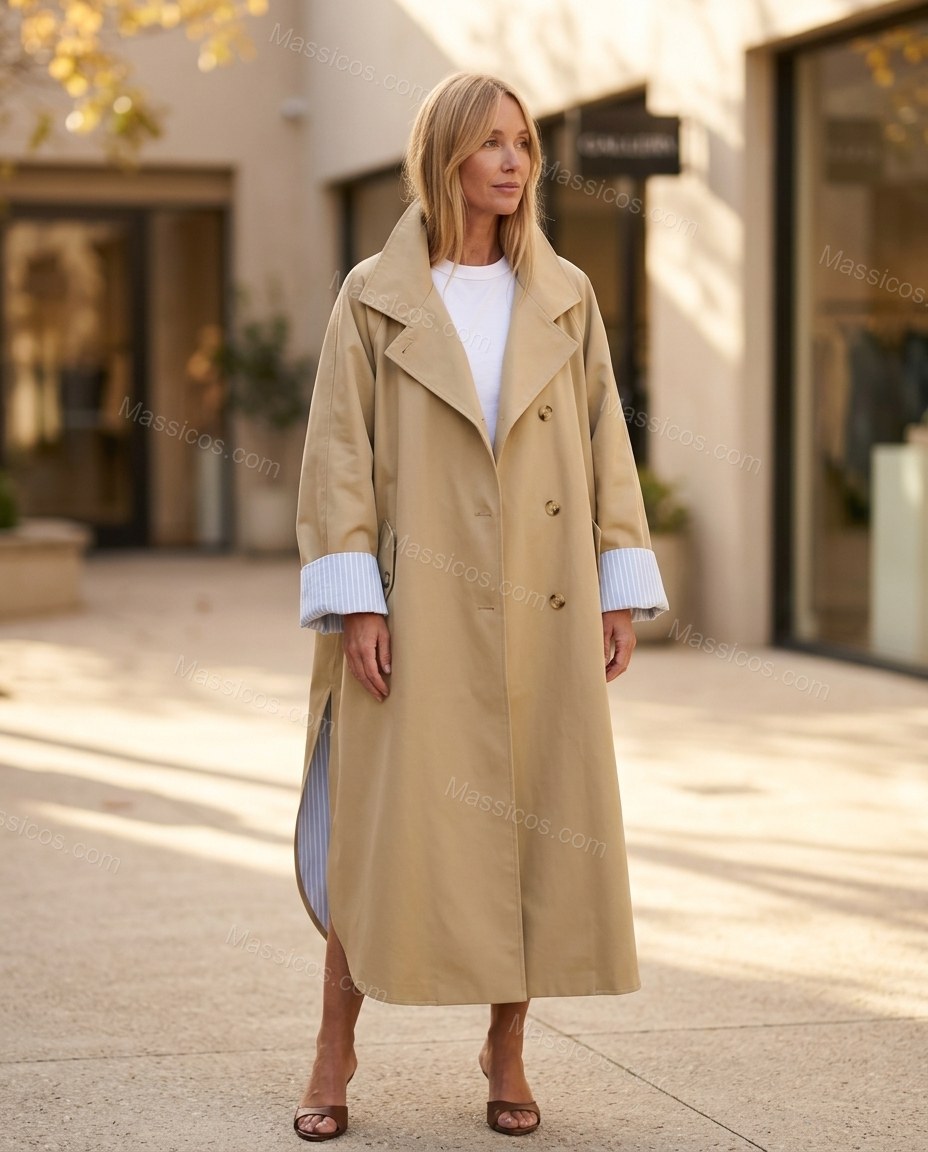 Beige Striped Coat, three-quarter brand lifestyle view, by Massicos