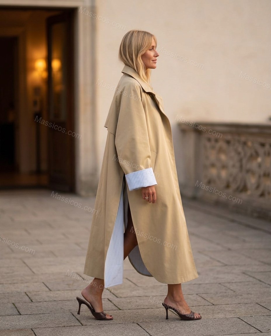 Beige Striped Coat, walking lifestyle view, by Massicos