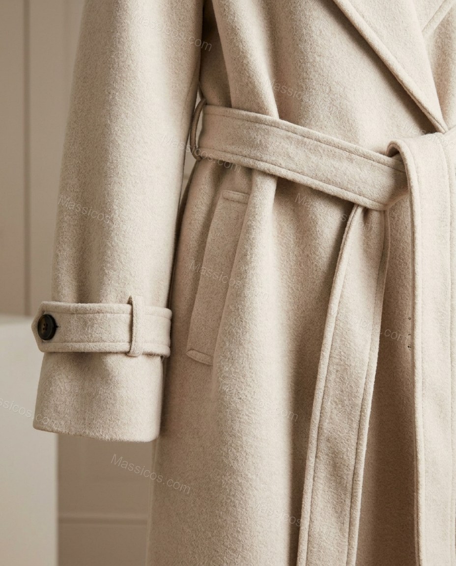 Cream Skirt Set, close-up of notched lapels, self-tie belt and cuff straps, by Massicos