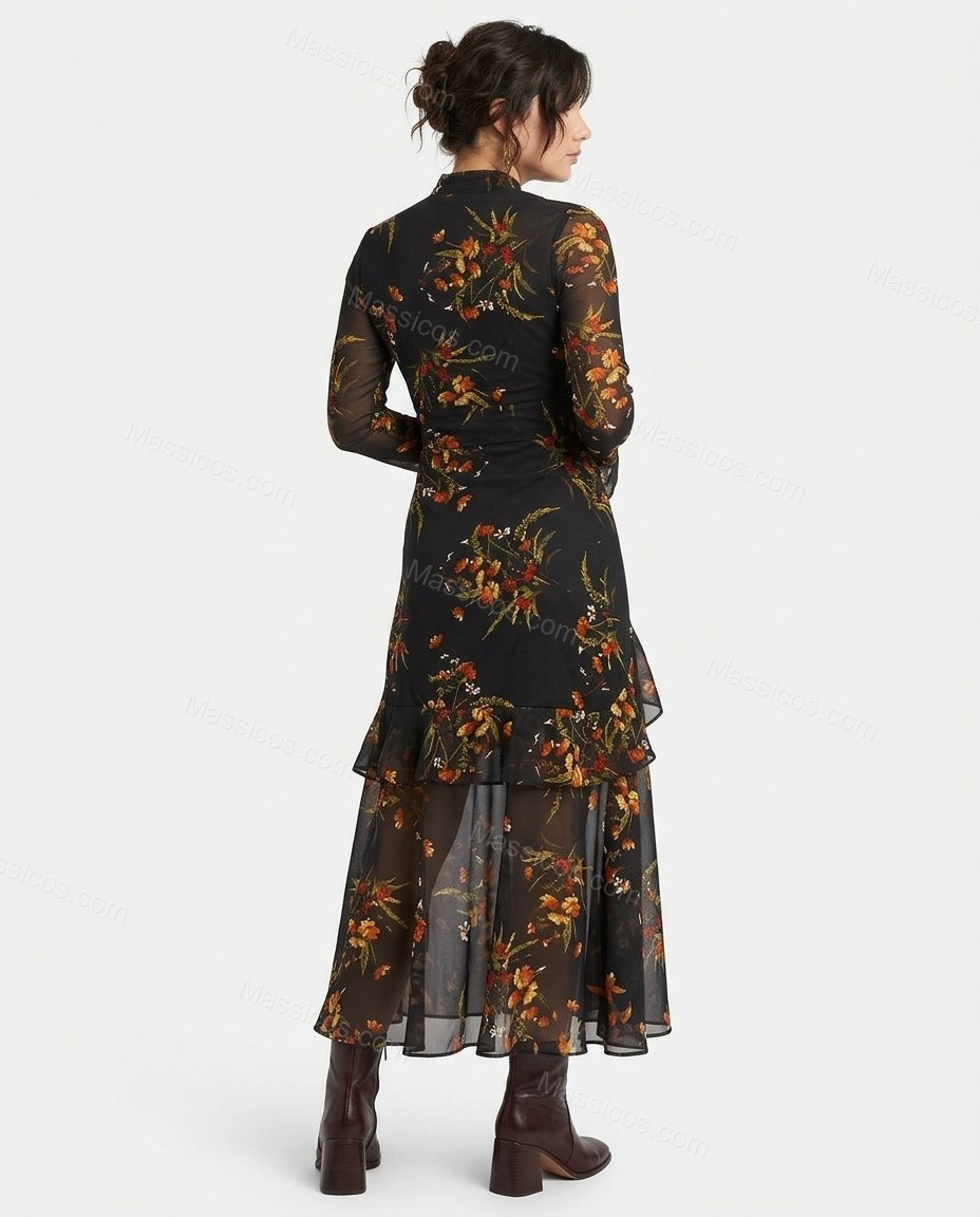 Black Floral Ruffled Tiered Skirt Set, back studio view showing sheer floral overlay with ruffled hem, by Massicos