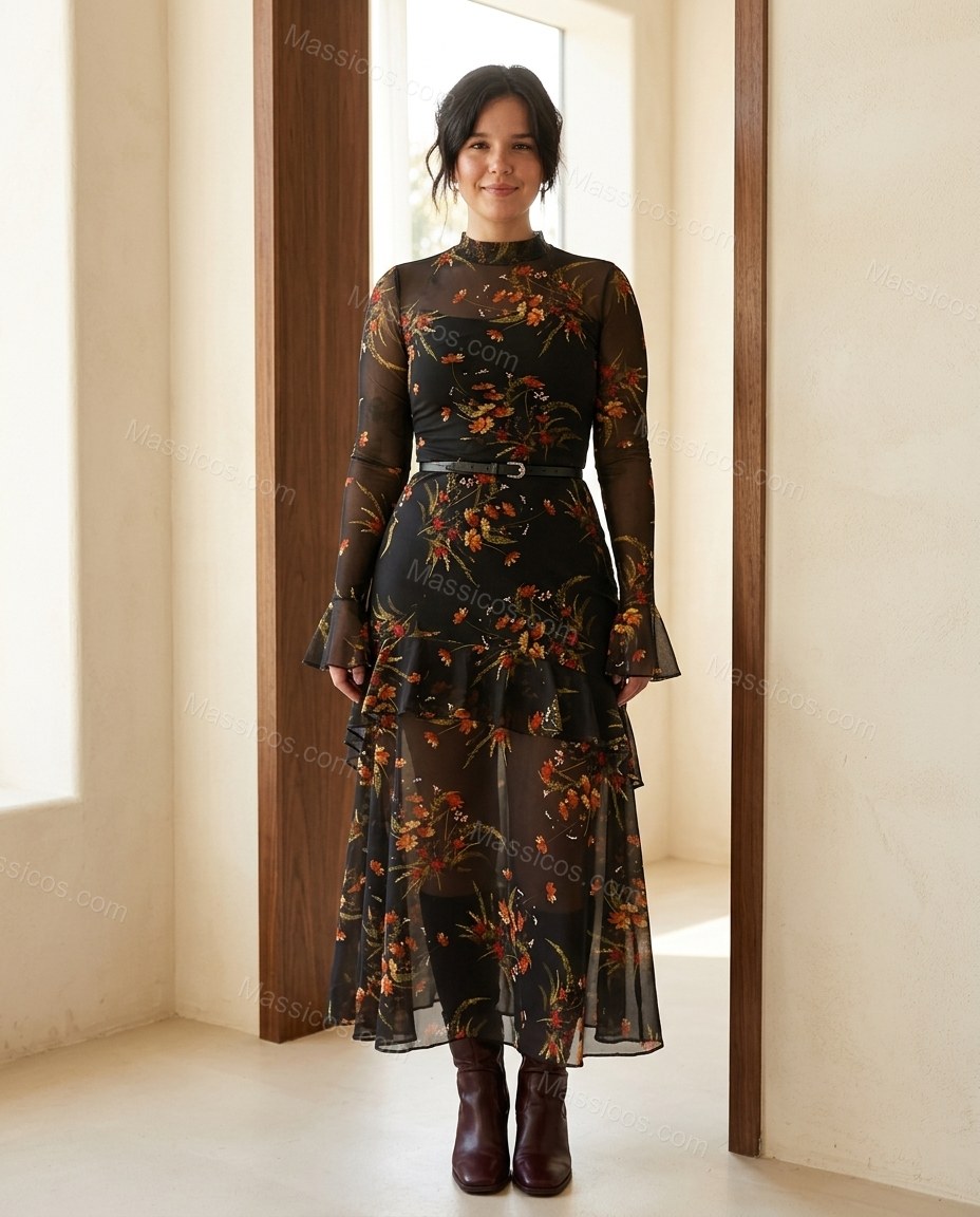Black Floral Ruffled Tiered Skirt Set, full-length hero view, by Massicos