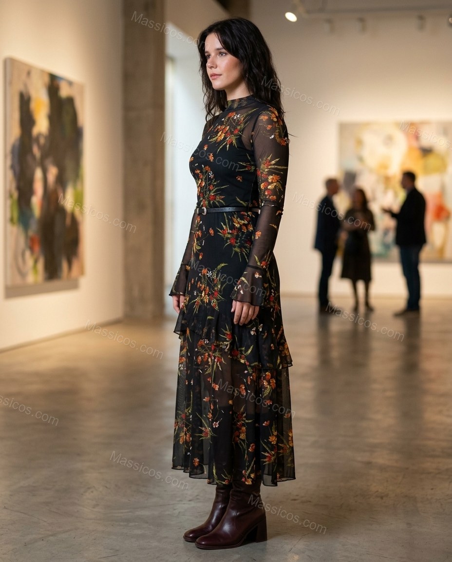 Black Floral Ruffled Tiered Skirt Set, alternate use-case lifestyle view, by Massicos