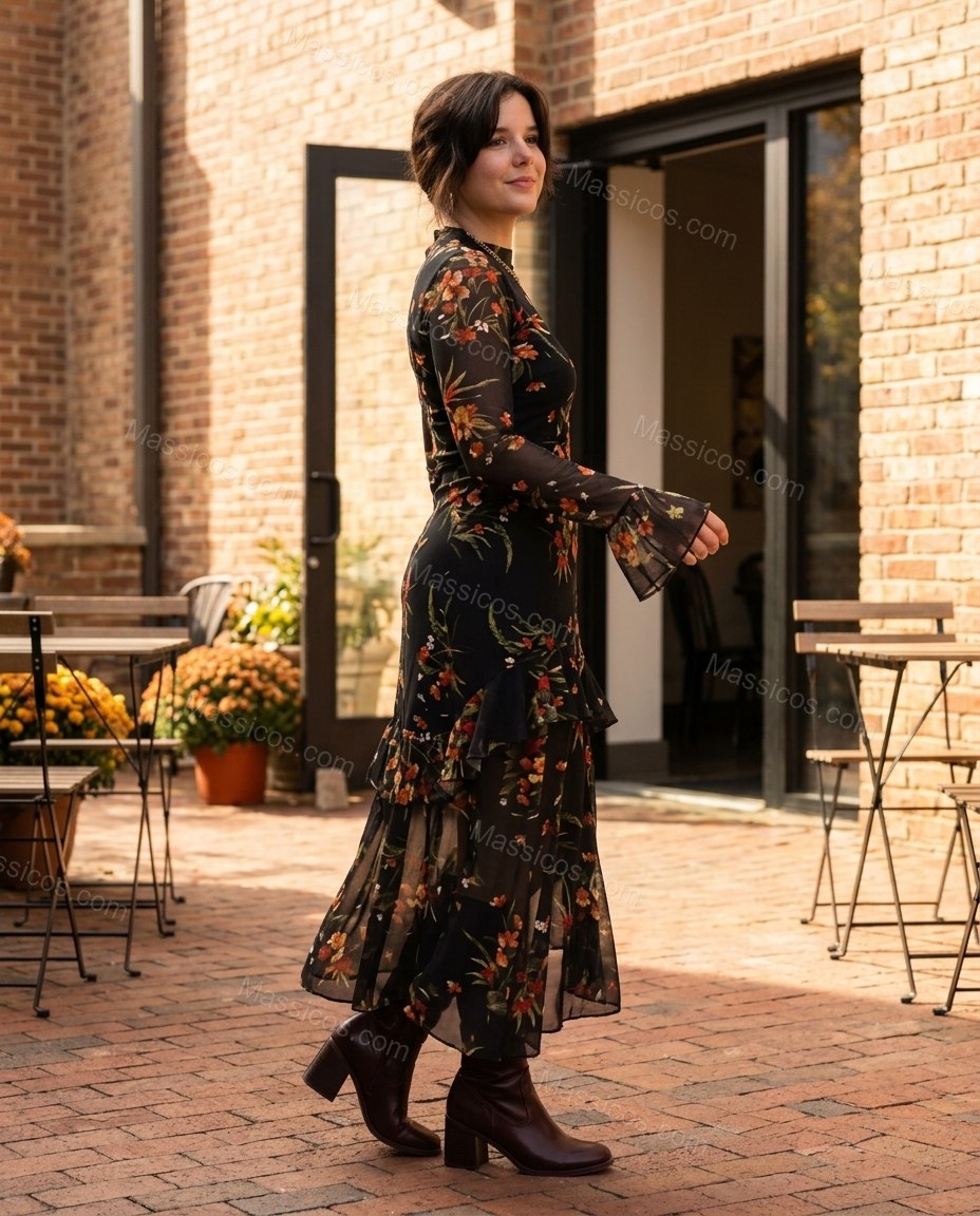 Black Floral Ruffled Tiered Skirt Set, walking lifestyle view, by Massicos