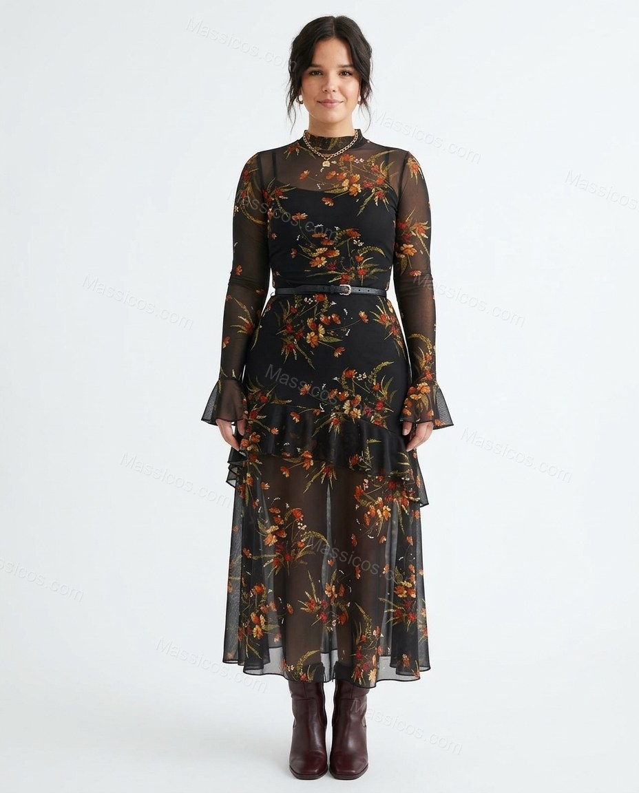 Black Floral Ruffled Tiered Skirt Set, front studio view, by Massicos