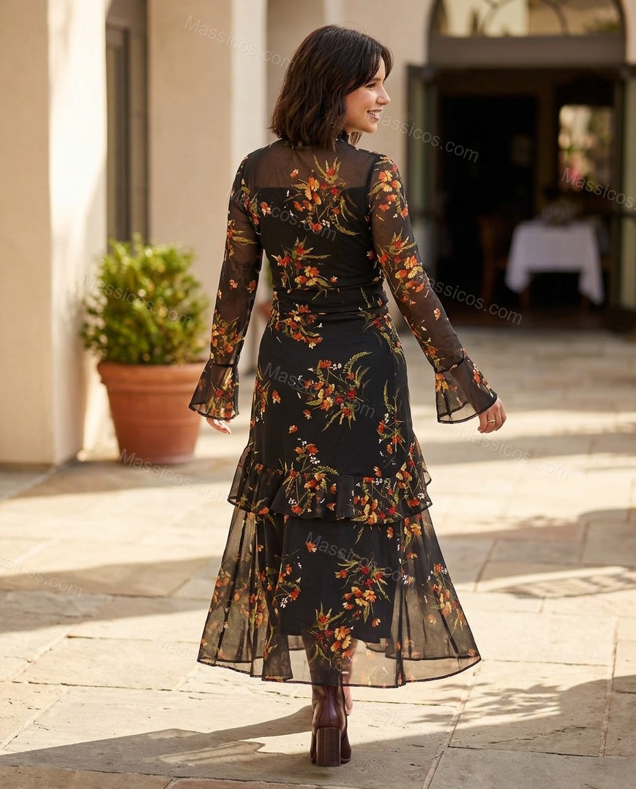 Black Floral Ruffled Tiered Skirt Set, movement and fit lifestyle view, by Massicos