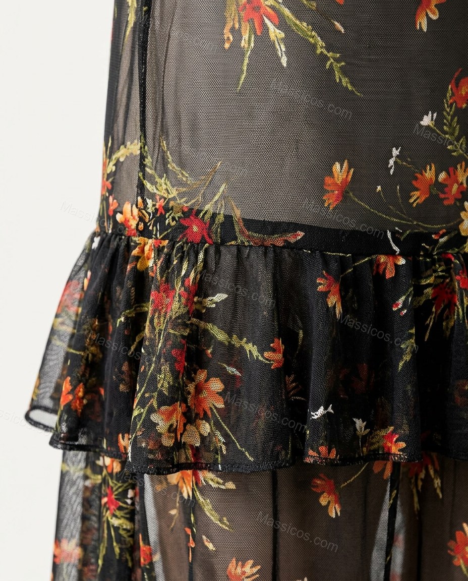 Black Floral Ruffled Tiered Skirt Set, close-up of floral, by Massicos