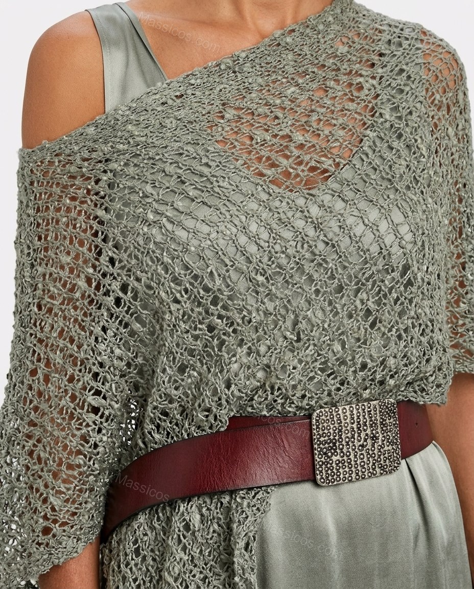 Sage Gray Green One-Shoulder Asymmetric Satin Two-Piece Set, close-up of silver gray and burgundy accents, by Massicos