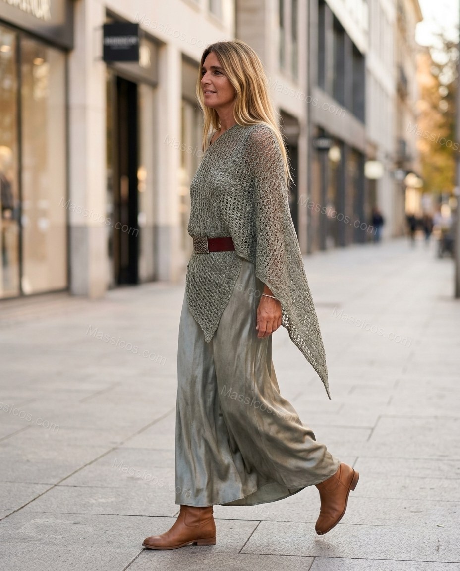 Sage Gray Green One-Shoulder Asymmetric Satin Two-Piece Set, walking lifestyle view, by Massicos