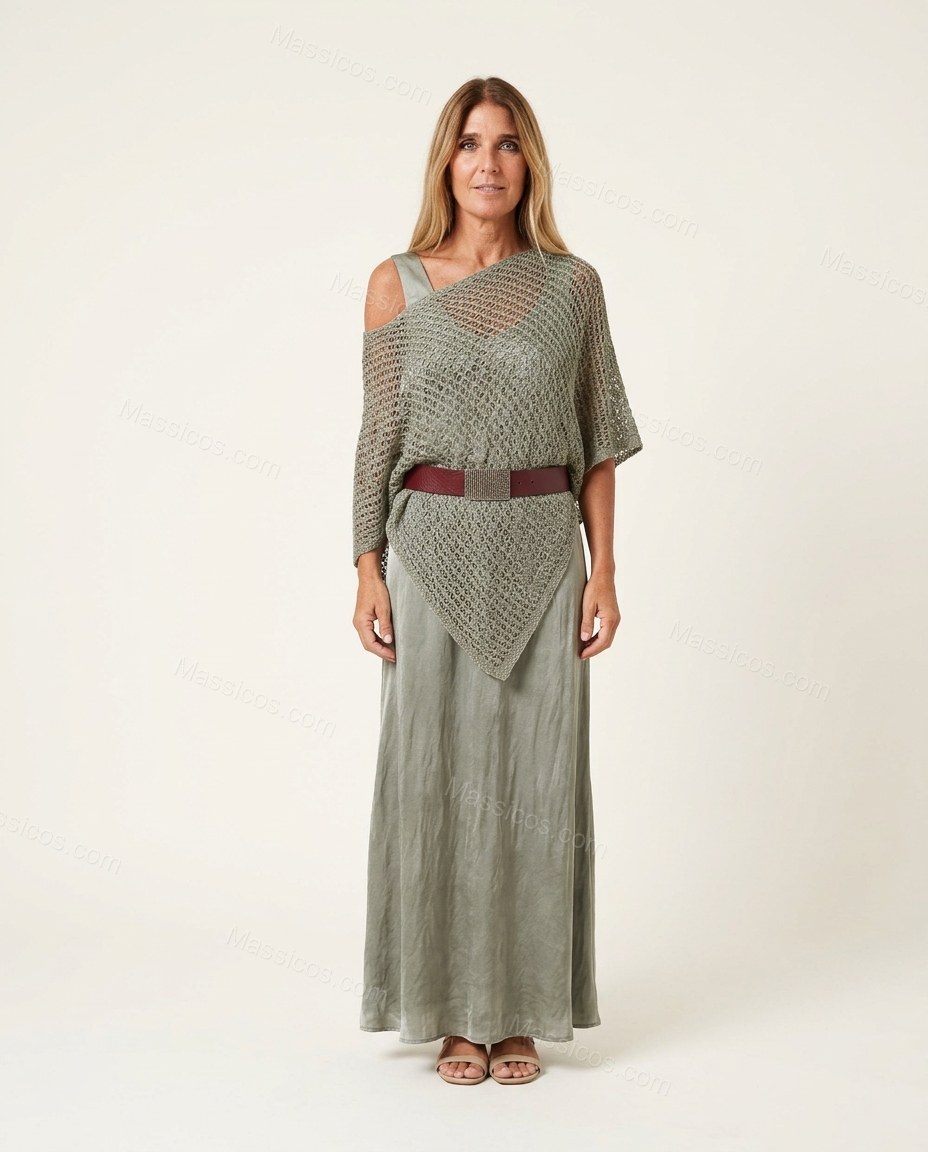 Sage Gray Green One-Shoulder Asymmetric Satin Two-Piece Set, front studio view, by Massicos