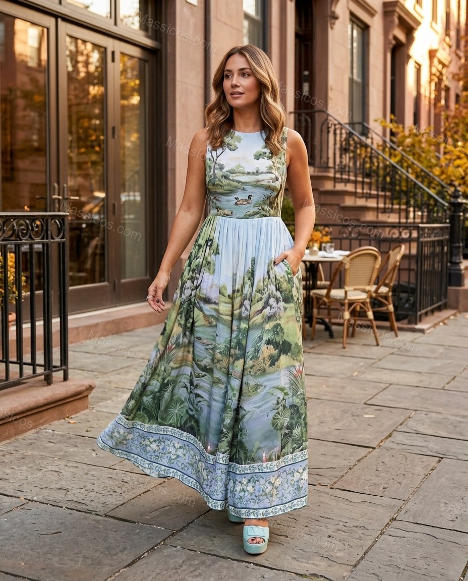 Light Blue Maxi Cape Pleated Dress, walking lifestyle view, by Massicos