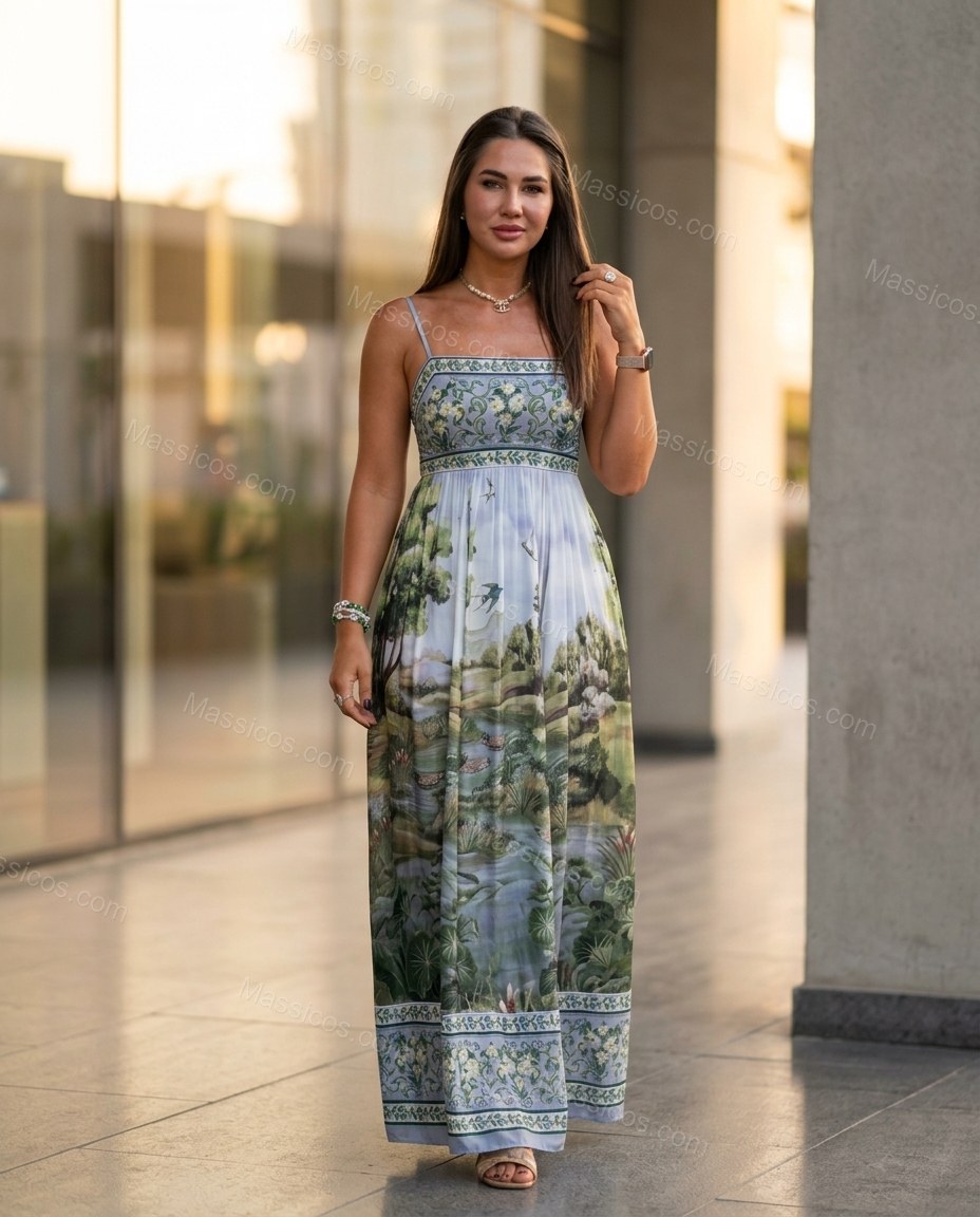 Light Blue Maxi Cape Pleated Dress, movement and fit lifestyle view, by Massicos