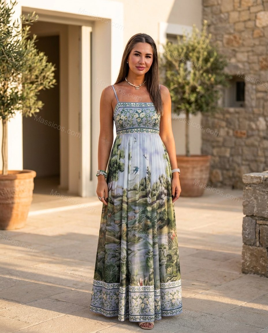 Light Blue Maxi Cape Pleated Dress, three-quarter brand lifestyle view, by Massicos
