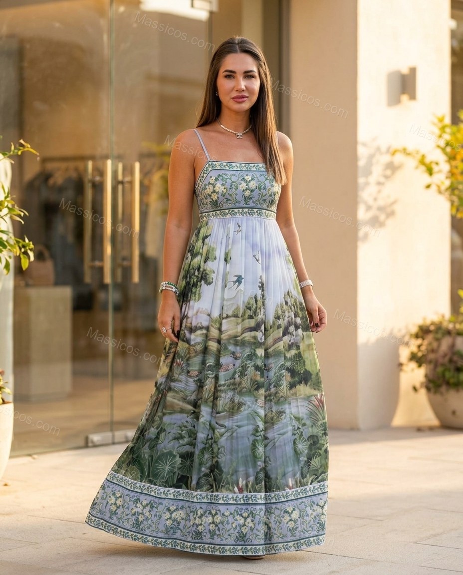 Light Blue Maxi Cape Pleated Dress, full-length hero view, by Massicos