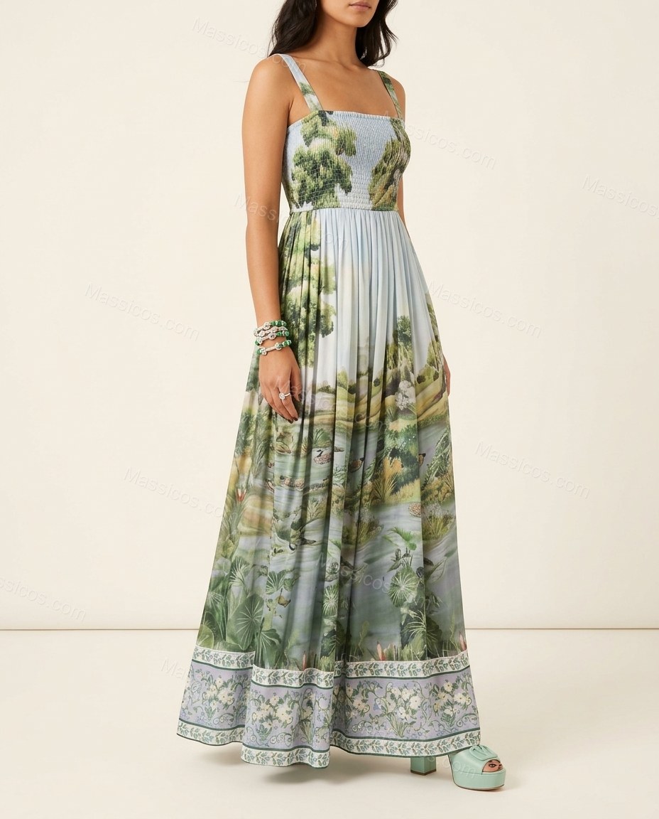 Light Blue Maxi Cape Pleated Dress, side and back studio view, by Massicos