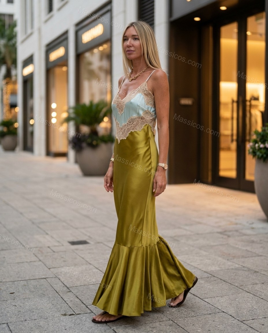 Golden Olive Floral Maxi Ruffled Dress, movement and fit lifestyle view, by Massicos
