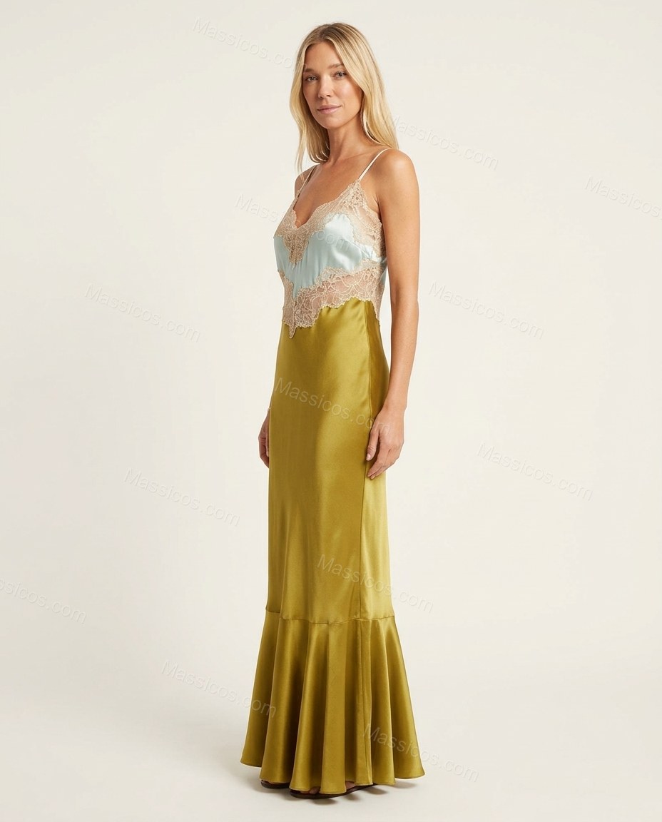 Golden Olive Floral Maxi Ruffled Dress, side and back studio view showing straight back with spaghetti straps, by Massicos
