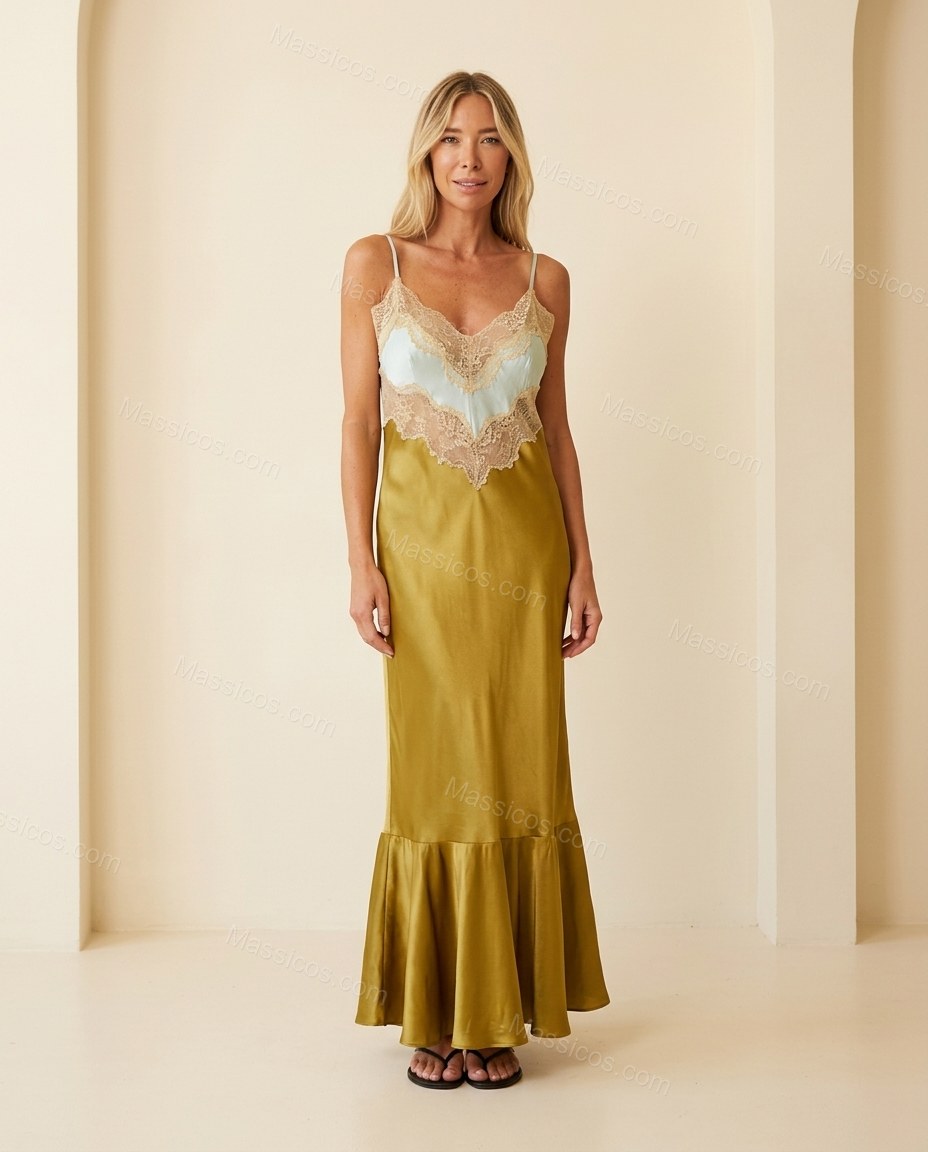 Golden Olive Floral Maxi Ruffled Dress, full-length hero view, by Massicos