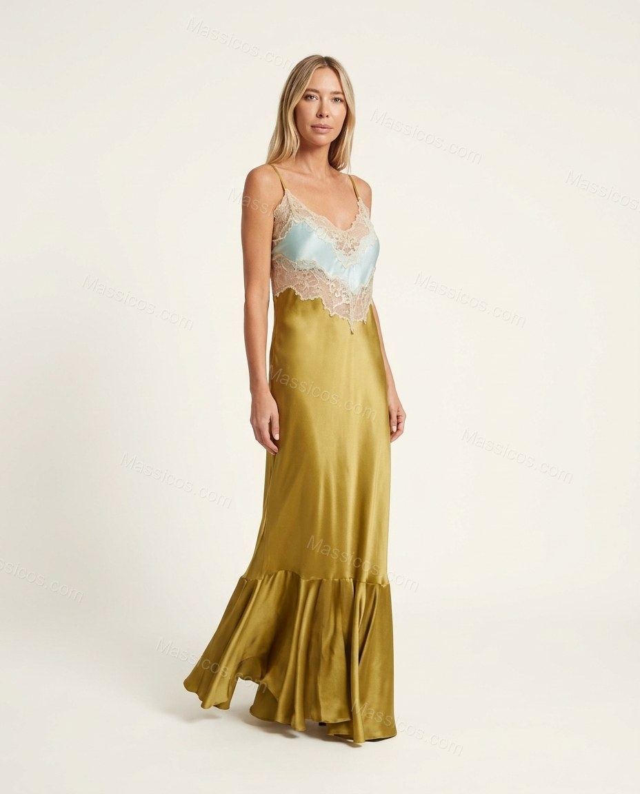 Golden Olive Floral Maxi Ruffled Dress, front studio view, by Massicos