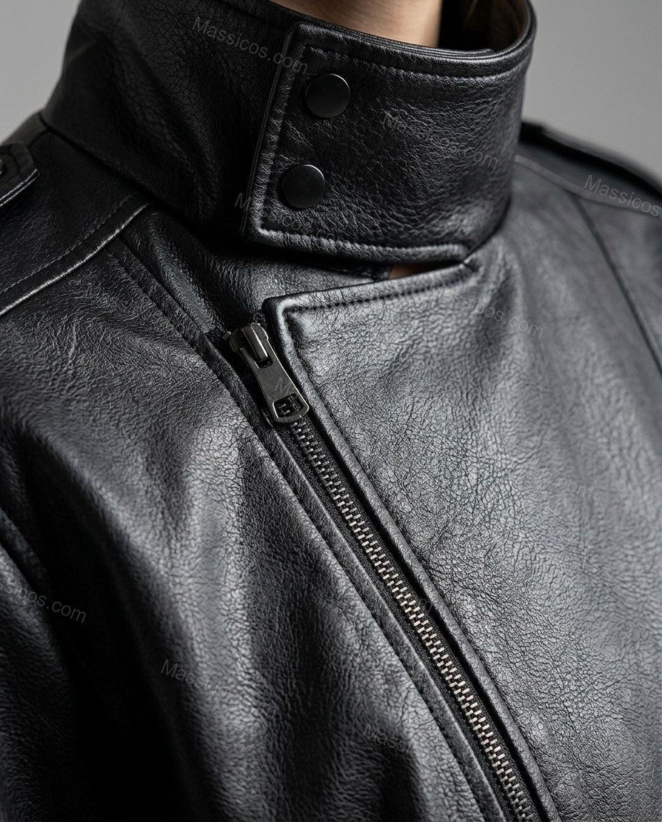 Black Asymmetric Jacket, close-up of asymmetrical zipper closure, snap button collar and elasticated hem, by Massicos