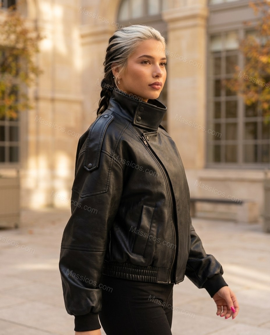 Black Asymmetric Jacket, alternate use-case lifestyle view, by Massicos