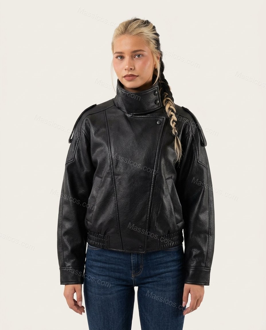 Black Asymmetric Jacket, front studio view, by Massicos