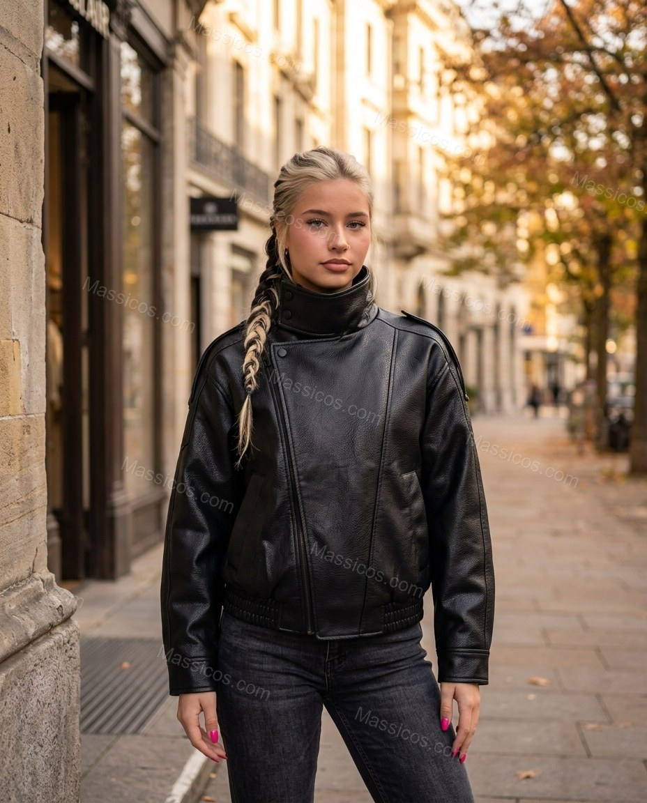 Black Asymmetric Jacket, three-quarter brand lifestyle view, by Massicos