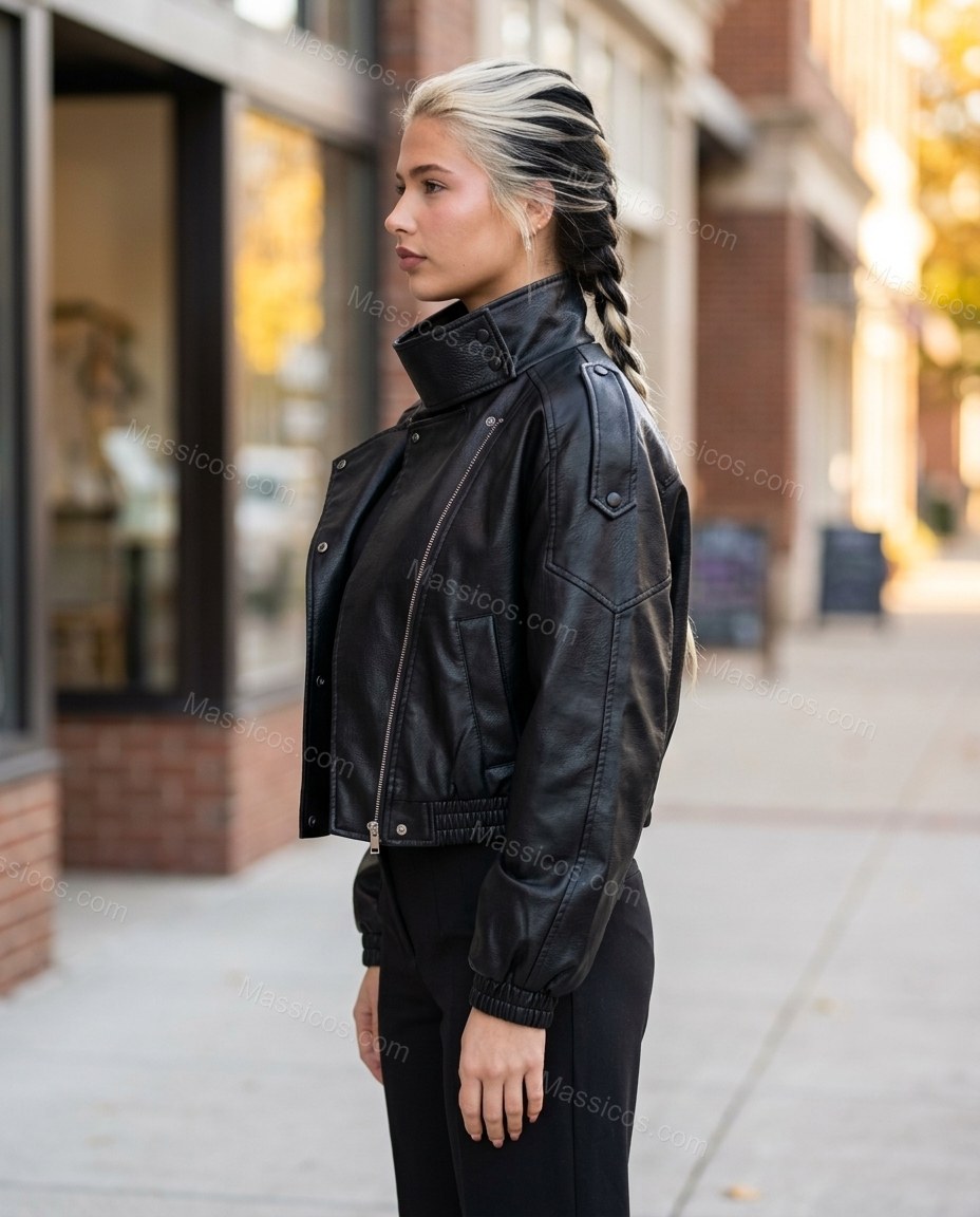 Black Asymmetric Jacket, walking lifestyle view, by Massicos