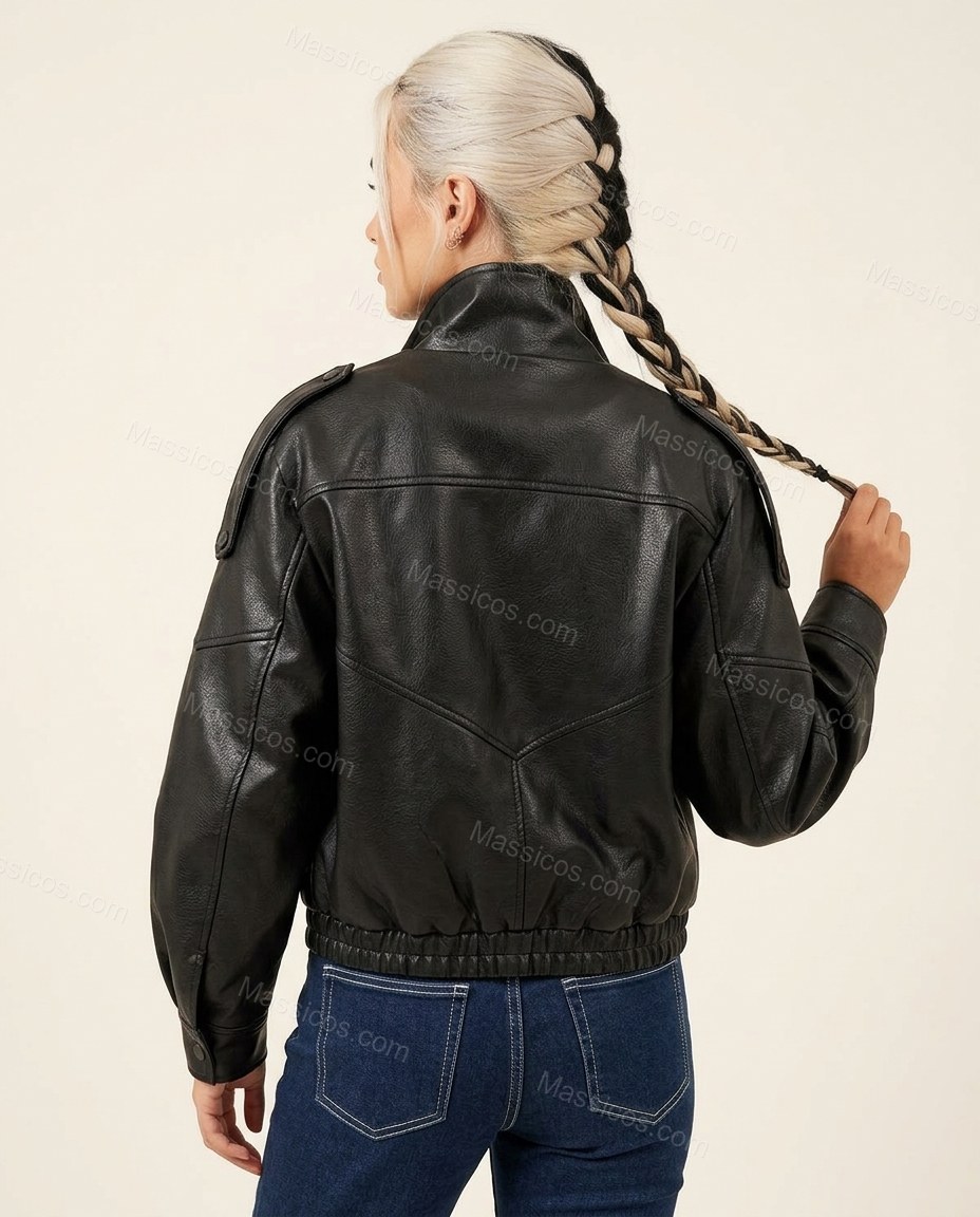 Black Asymmetric Jacket, back studio view showing yoke and paneling visible, by Massicos