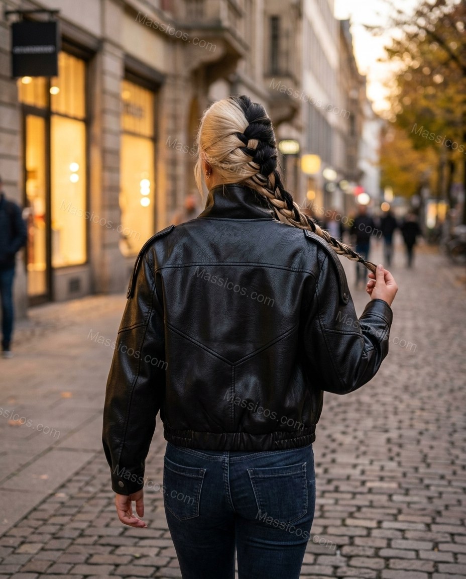 Black Asymmetric Jacket, movement and fit lifestyle view, by Massicos