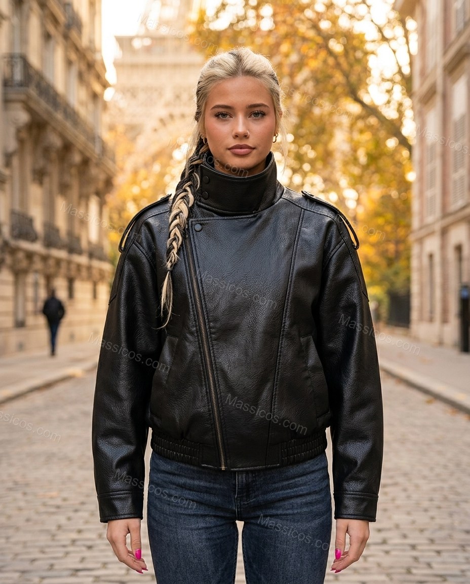 Black Asymmetric Jacket, full-length hero view, by Massicos