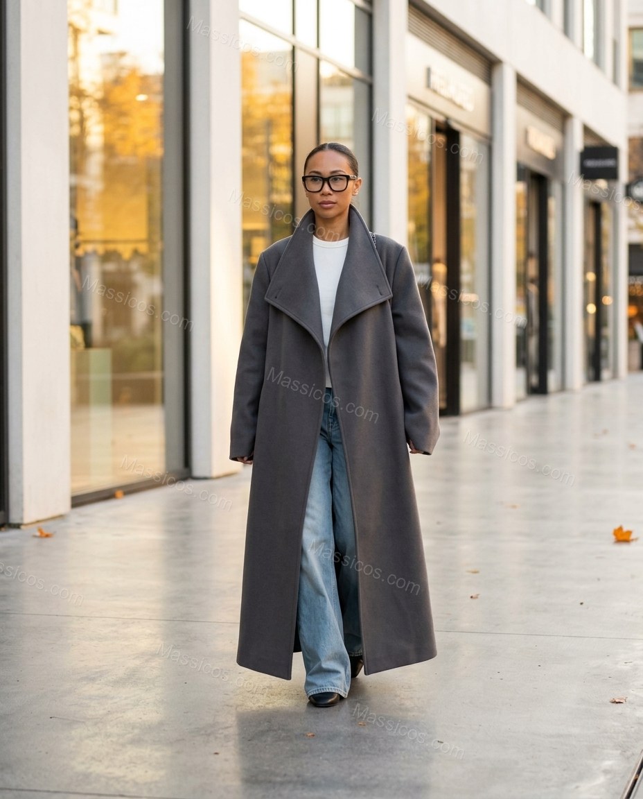 Charcoal Gray Coat, three-quarter brand lifestyle view, by Massicos