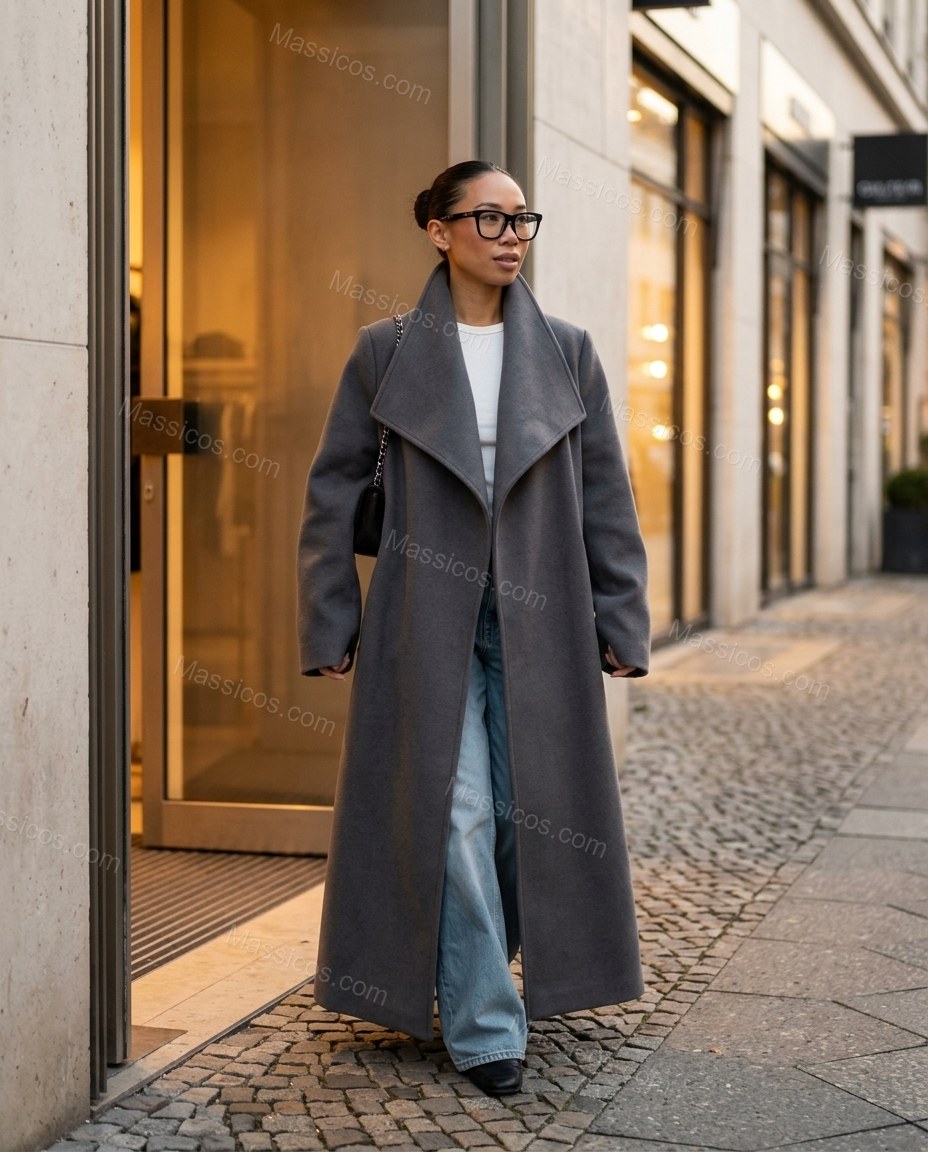 Charcoal Gray Coat, movement and fit lifestyle view, by Massicos