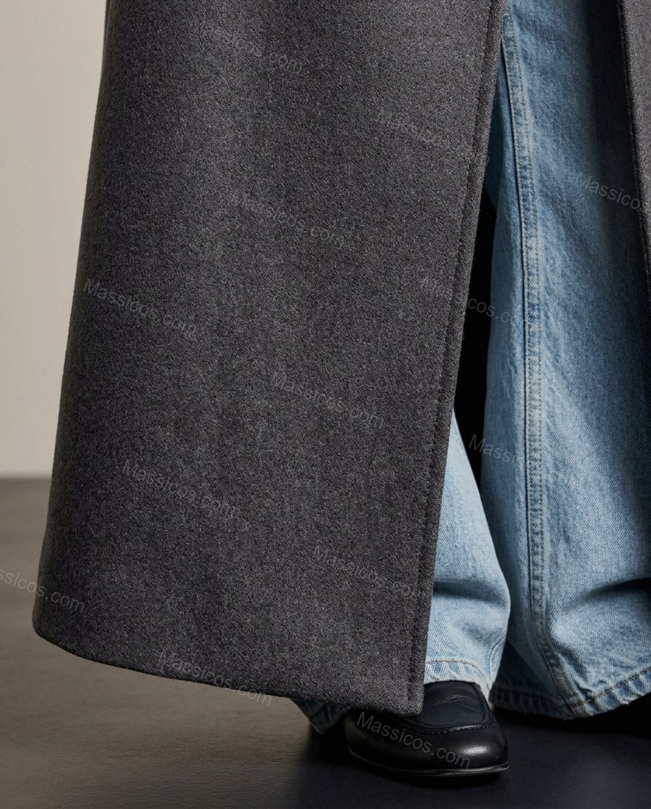 Charcoal Gray Coat, close-up of shawl collar, dropped shoulders and open front, by Massicos
