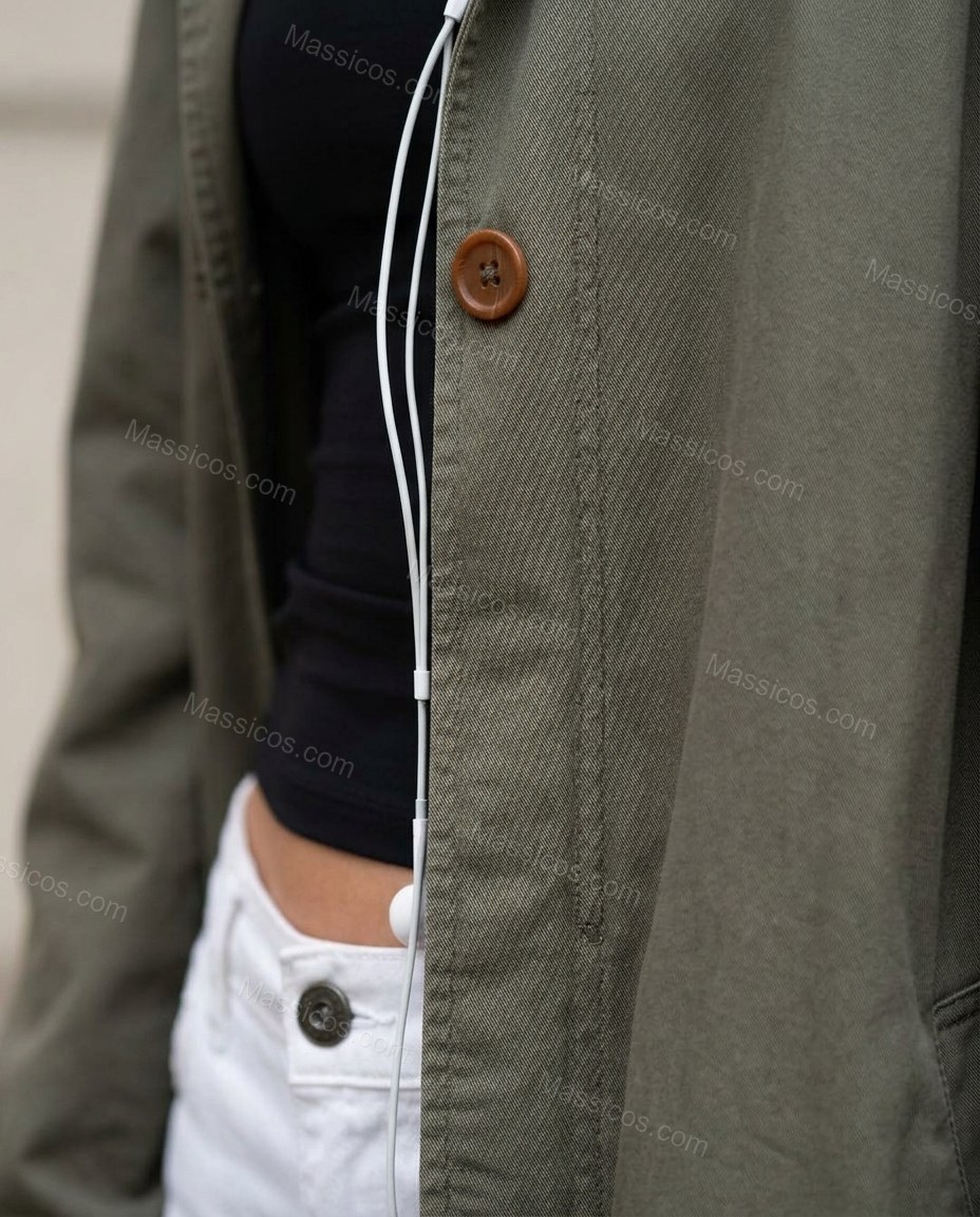 Olive Green Two-Piece Set, close-up of button closure, pockets and collar, by Massicos
