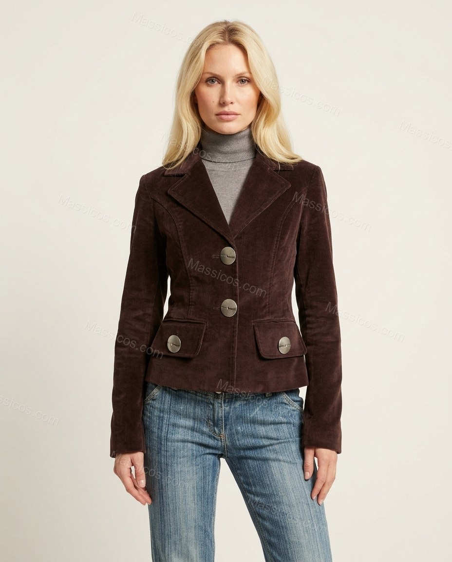 Dark Brown Corduroy Velvet Jacket, front studio view, by Massicos