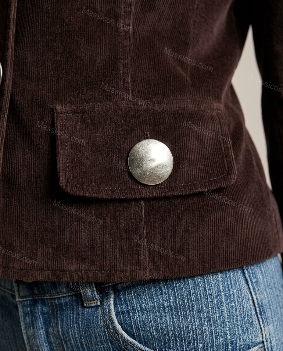 Dark Brown Corduroy Velvet Jacket, close-up of silver accents, notched lapel collar and button-front closure, by Massicos
