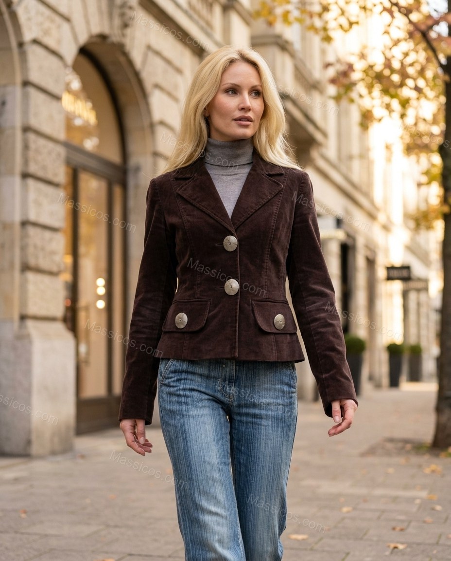Dark Brown Corduroy Velvet Jacket, movement and fit lifestyle view, by Massicos