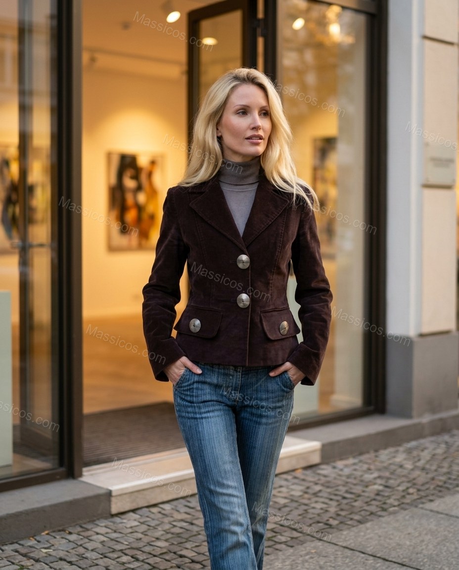 Dark Brown Corduroy Velvet Jacket, walking lifestyle view, by Massicos