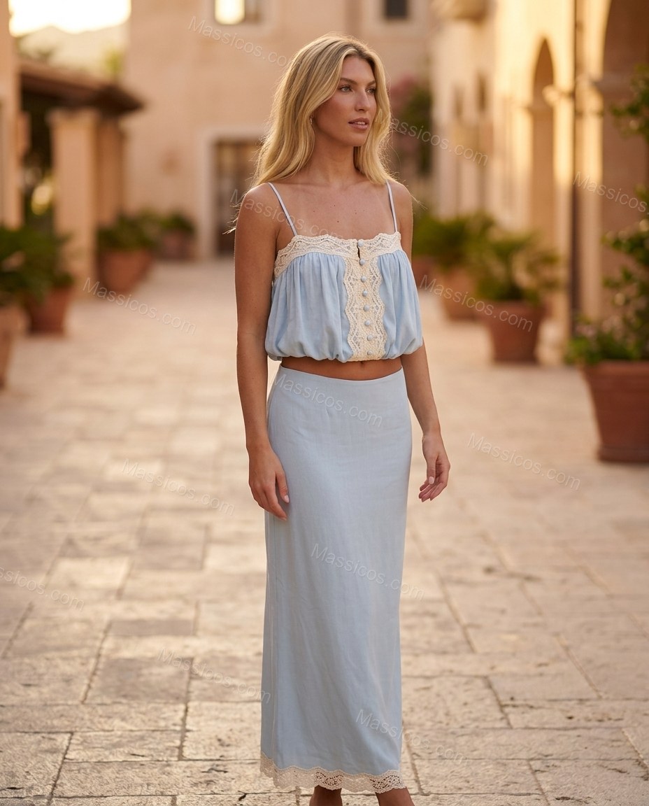 Light Blue Maxi Lace Top & Skirt Set, alternate use-case lifestyle view, by Massicos