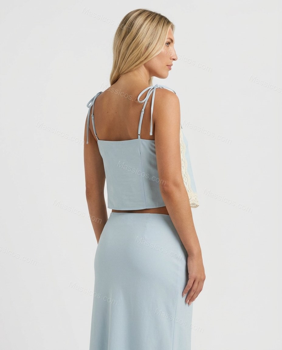 Light Blue Maxi Lace Top & Skirt Set, back studio view showing plain back with straps visible, by Massicos