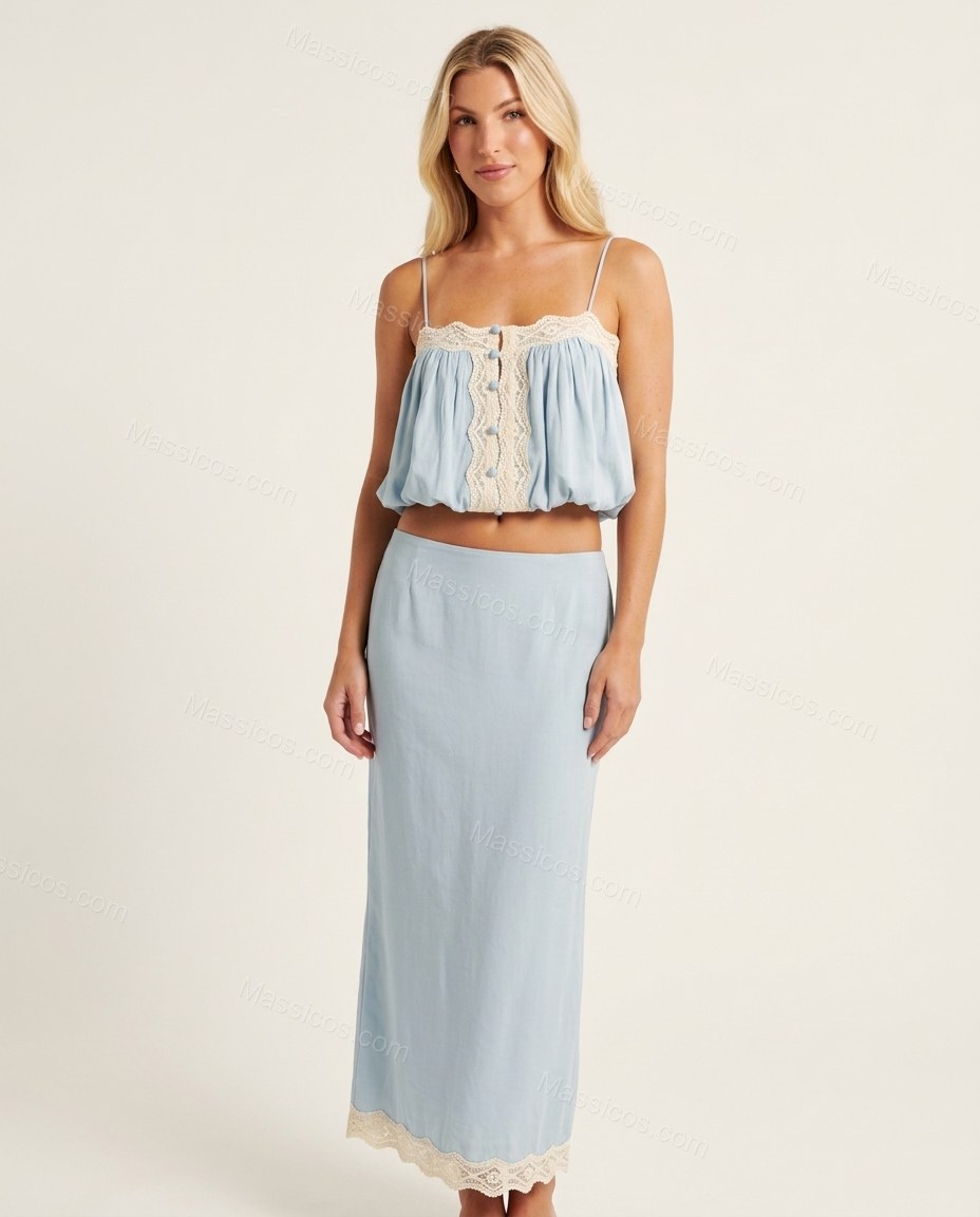 Light Blue Maxi Lace Top & Skirt Set, front studio view, by Massicos