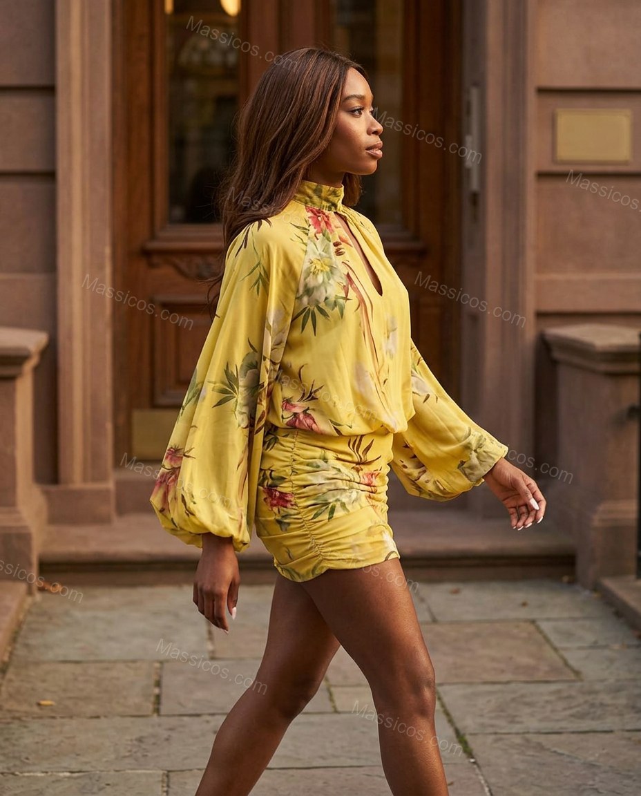 Yellow Floral Mini Dress, walking lifestyle view, by Massicos