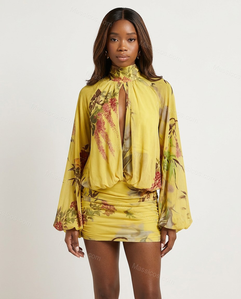 Yellow Floral Mini Dress, front studio view, by Massicos