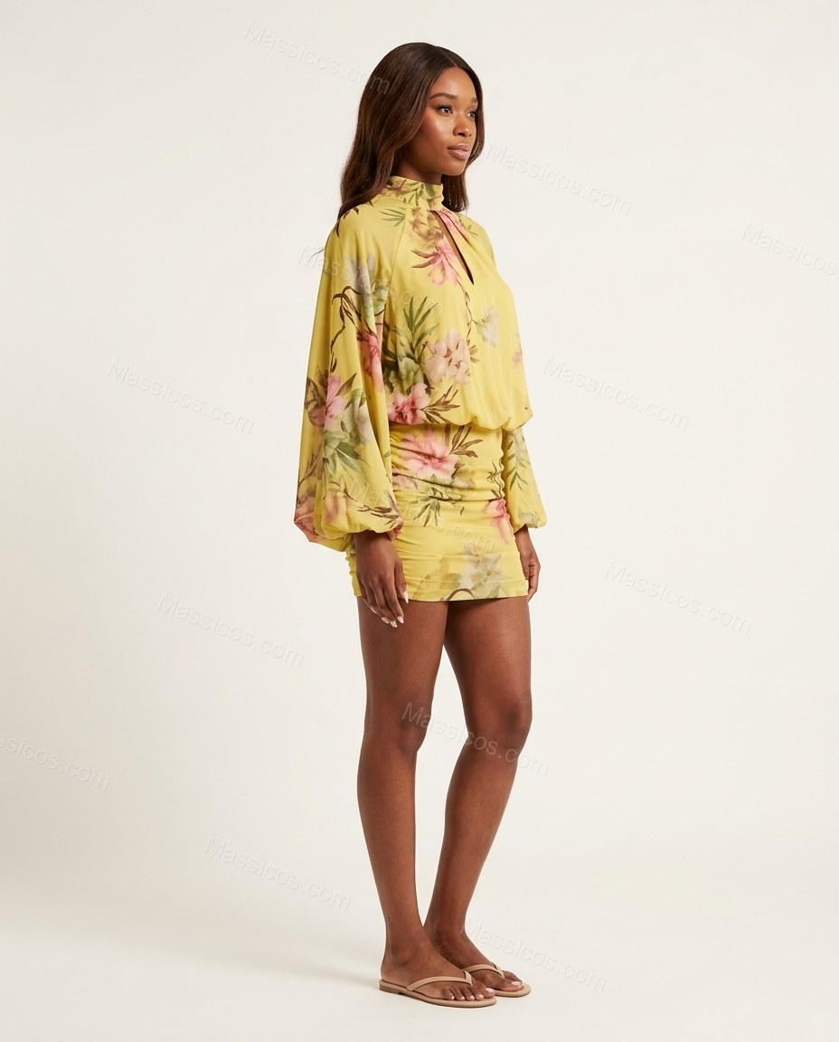 Yellow Floral Mini Dress, side and back studio view showing open back with tie closure, by Massicos