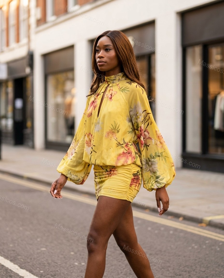 Yellow Floral Mini Dress, movement and fit lifestyle view, by Massicos