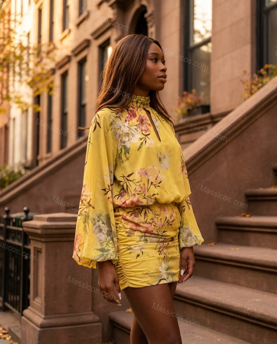 Yellow Floral Mini Dress, three-quarter brand lifestyle view, by Massicos