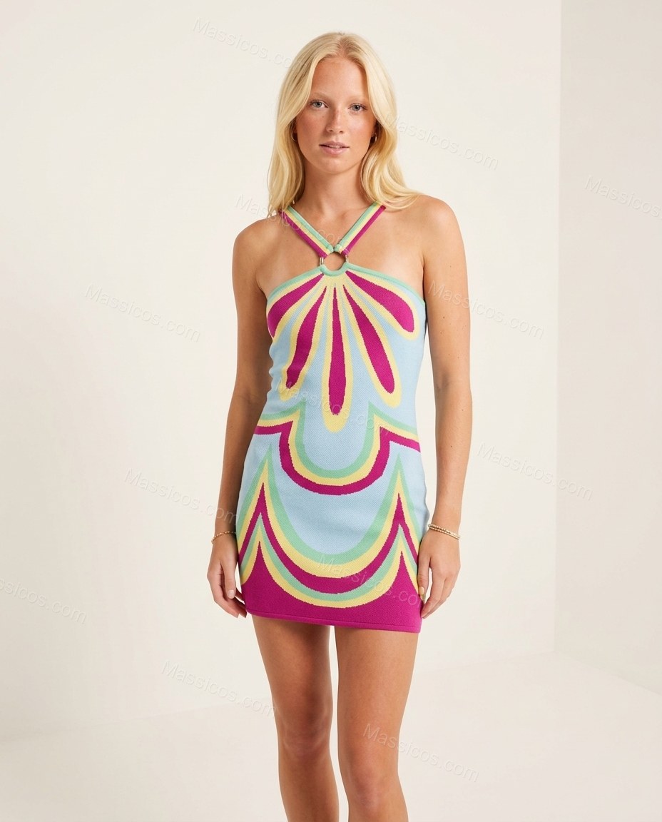 Light Blue Abstract Mini Halter Dress, front studio view, by Massicos